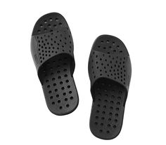 pair of black slippers with holes on the front and back, viewed from above