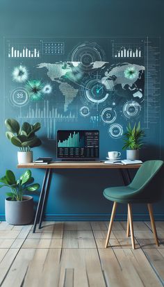 a laptop computer sitting on top of a wooden table next to a green chair and potted plant