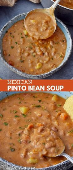 mexican pinto bean soup in a skillet with tortilla chips