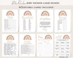 printable baby shower games bundle with rainbows and clouds in gold, orange and white