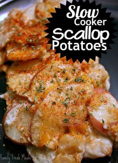 a close up of food on a plate with the title text overlay reads, cook scallop potatoes