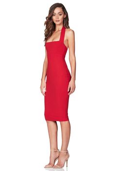 Nookie Boulevard Midi Dress - Red - SHOPJAUS - JAUS Chic Cocktail Dress, Red Dress Outfit, Formal Cocktail Dress, Red Dresses, Emily Ratajkowski, Red Midi Dress, Halter Neckline, Glamorous Evening Gowns, Dress Red