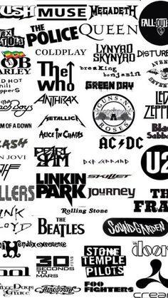 many different types of logos are shown in black and white, including one for the band