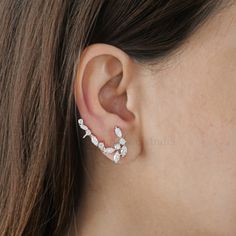 Real H Color SI Clarity Diamond Climber Earrings 18k White Solid Gold 2.90 Ct. White Gold Ear Climbers With Matching Earrings, White Gold Cubic Zirconia Ear Climbers, Diamond Climber Earrings, Cluster Earring, Diamond Earrings For Women, White Gold Diamond Earrings, Ear Climbers Earrings, Jewelry Elegant, Handmade Earring