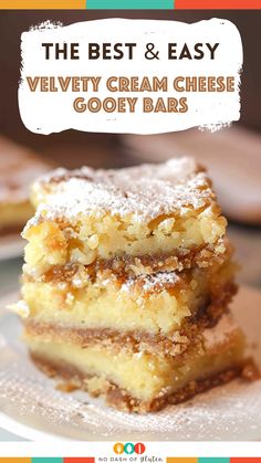 the best and easy velvety cream cheese gooey bars on a plate with text overlay