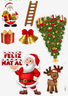 christmas stickers with santa claus, reindeers and other holiday decorations on white background