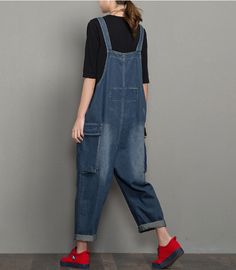 Denim Casual Spring Denim Overall Women Jumpsuits Baggy Indigo Casual Jeans, Casual Denim Overalls, Casual Washed Denim Jumpsuit With Relaxed Fit, Baggy Blue Straight Leg Overalls, Blue Baggy Straight Leg Overalls, Blue Baggy Overalls, Casual Dark Wash Overalls, Casual Relaxed Fit Solid Color Jeans, Casual Straight Leg Denim Jumpsuit With Pockets