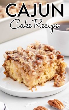 a close up of a piece of cake on a plate with pecans in the background