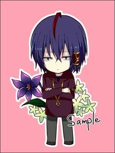 an anime character with purple hair and black pants, holding flowers in his hand on a pink background