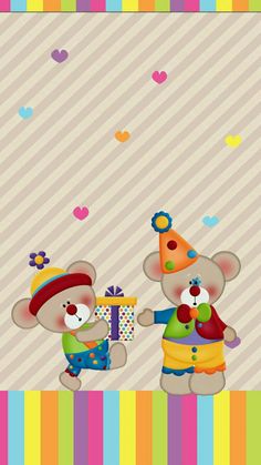 two teddy bears are standing next to each other and one is holding a gift box