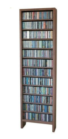 a large wooden book shelf with many dvds on it