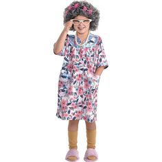 Watch your kid age 90 years right before your eyes! This bedgown dress features a pink floral pattern and boxy cut that only a lil' old lady could love. Pair it with a wig and other accessories to complete their 100-year-old look for the 100th day of school. pbKids' Lil' Old Lady Dress product details:-b-p ul li100% polyester dress-li liDoes not include shoes wig glasses or necklace-li liReview the size chart for sizing information-li -ul pbCare Instructions:-b-p ul liHand wash cold with like co Granny Costume, Old Lady Dress, School Costume, Kids Dress Up, Halloween Costume Shop, Halloween Store, 100th Day Of School, Lady Dress, Pink Floral Pattern