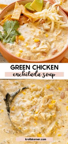 green chicken enchilada soup in a bowl with tortilla chips