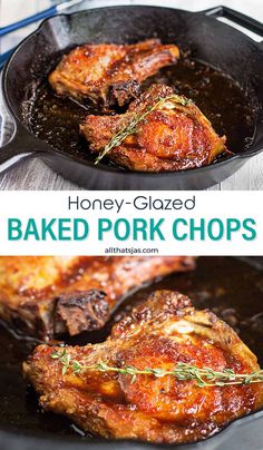 honey glazed baked pork chops in a cast iron skillet