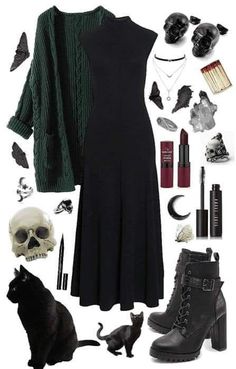 All Black Witch Outfit, Green Witch Outfit Modern, Witch Fashion Modern, Witchy Aesthetic Clothing, Witchy Everyday Outfits, Witch Outfit Modern Aesthetic, Witches Of East End Outfits, Halloween Work Outfit Ideas