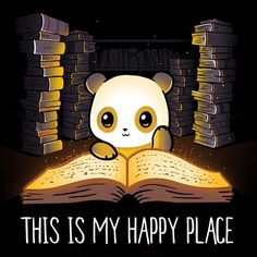 a panda bear sitting on top of an open book in front of stacks of books