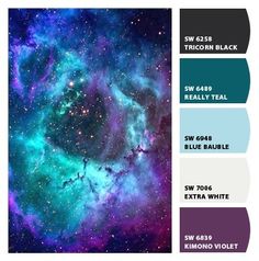 the color scheme for this space themed wallpaper is blue, purple and green with stars