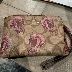 Large Corner Zip Wristlet In Signature Canvas With Rose Print Bags Coach, Coach Wristlet, Signature Canvas, Rose Print, Pink Brown, Coach Bags, Wallets, Bag Lady, Wallet