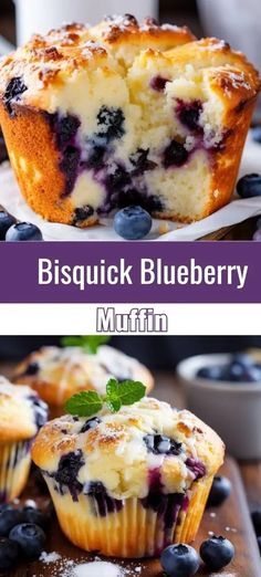 blueberry muffins with fresh blueberries on top and the bottom one is cut in half