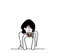 a drawing of a woman sitting on the floor drinking from a cup with her hands behind her head