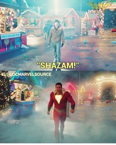 the flash and superman movie scene with caption that reads,'shazam '