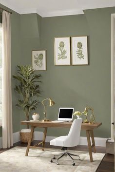 home decor, interior design, kitchen designs, wall paint Study Colour Scheme, Office With Green Walls, Sw Artichoke, Office Wall Color Ideas, Edgecomb Gray Walls, Colors For Home Office