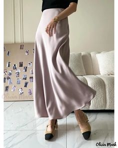 OliviaMark - Elevate Your Style with Luxurious Silk Midi Skirt Showcasing a High-End Designer Aesthetic Long Satin Skirt, French Women Style, Silk Midi Skirt, Ankle Length Skirt, Nature Dress, Pink Olive, Satin Midi Skirt, Satin Skirt, Polyester Dress