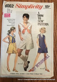 Vintage 1968 Simplicity Pantdress Culottes Romper Playsuit Pattern # 8062 Size 12 Cut & Complete w Ins. Bust 34" Women Top Sewing Pattern, Playsuit Pattern, Romper Sewing Pattern, Collar Jumpsuit, Sailor Shorts, Vintage Sailor, Sailor Style, Sailor Pants, Pattern Dress Women