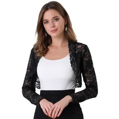 Opt for the delicate texture of lace with this elegant Lace shrug top from Allegra K. It's designed with floral lace and an open front design for a comfortable fit. Crafted from soft and knit fabric, This lace cardigan features feminine full sleeves, scalloped hem, perfectly covered up with sleeveless dresses for a wedding look. A must have in your clothing wardrobe, The lace bolero has long sleeves, semi-sheer lace, and finished with a cropped length and could be stretchy a bit. Occasion: Casua Elegant Fitted Lace Cardigan, Fitted Lace Cardigan For Party, Fitted Long Sleeve Outerwear With Lace Patchwork, Lace Trim Long Sleeve Outerwear, Spring Lace Shrug With Lace Sleeves, Elegant Fitted Lace Trim Cardigan, Elegant Lace Cardigan For Fall, Elegant Fitted Cardigan With Lace Trim, Fitted Lace Long Sleeve Outerwear