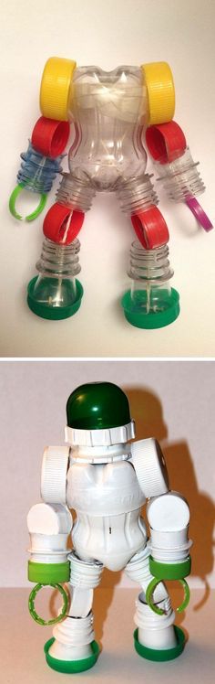 two pictures with different types of plastic toys in the same photo, one has a green top and white bottom