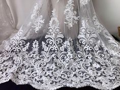 Classic wedding gown lace fabric, ivory alencon fabric, pearls beaded floral lace fabric, pearl embr Elegant Wedding Fabric With Intricate Embroidery, Elegant Wedding Fabrics With Intricate Embroidery, Elegant Wedding Lace Fabric And Notions, Elegant Wedding Fabric With Lace Work, Dress Curtains, Classic Wedding Gown, Wedding Gown Lace, Floral Lace Fabric, Beaded Lace Fabric