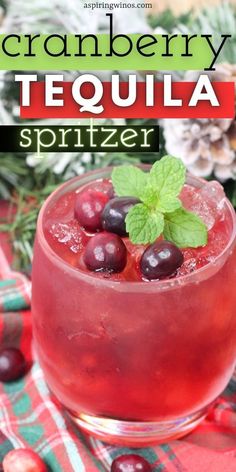 cranberry tequila spritzer with mint garnish on the rim and text overlay