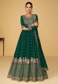 Georgette abaya style Anarkali suit in Green colour 9361  Desc:  Style : Long Anarkali Suits Color : Green Fabric : Georgette Work : Embroidery   Sequence Wash Care : Dry clean Sleeve Style : Full Sleeve Long Sleeves : Done only in Custom Stitch Sleeves Lining : Done only in Custom Stitch Bust Size : 32 to 42 Inches Occasion : Wedding   Mehendi   Sangeet   Reception   Gudi Padwa. With Express Free Shipping and Custom Stitching, Buy Indian Party wedding wear bridal salwar Georgette abaya style An Silk Anarkali Gown, Anarkali Lehenga Gowns, Mirror Work Lehenga, Indian Anarkali, Silk Anarkali, Anarkali Lehenga, Gown Suit, Party Wear Gown, Designer Anarkali