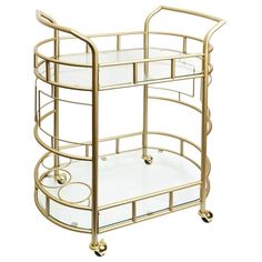 a gold serving cart with glass shelves and wheels on the bottom, is shown in front of a white background