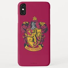 a harry potter phone case with the hogwarts crest on it, in red