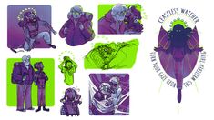 some purple and green art work with characters in it's center, including an alien man