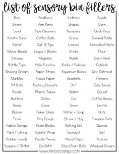 the list of sensory bin fillers is shown in this black and white printable