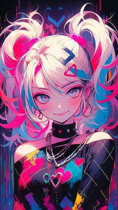 an anime character with pink hair and blue eyes, wearing a black top that has neon colored