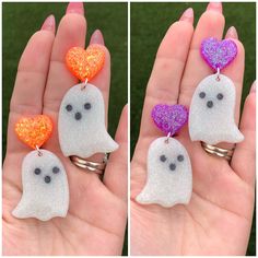 "This listing is for one pair of ghost earrings shown in the photos above.  Each pair is made of glitter and resin so they are lightweight and durable. There are 2 different color ways to choose from in this listing - ghosts with orange hearts - ghosts with purple hearts Earrings measure 2 1/4\" total in length and is attached to a nickel free post backing. Everything in my shop is ready to ship in 1-3 business days :-)" Purple Heart Earrings, Kawaii Ghost, Hearts Earrings, Earrings Kawaii, Purple Hearts, Ghost Earrings, Color Ways, Earrings Heart