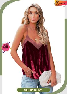 Wine Luxury Lacy V Neck Spaghetti Straps Velvet Tank Wine Luxury, Velvet Cami, Velvet Tank Top, Velvet Tank, Tank Top Outfits, Spaghetti Strap Tank Top, Black Luxury, Lace Neckline, Romantic Dates