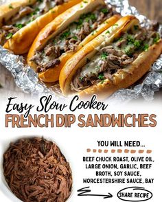 an advertisement for easy slow cooker french dip sandwiches