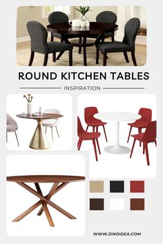 the round kitchen table is shown with four chairs and one dining room table in different colors