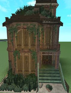 an old house with ivy growing on the side and stairs leading up to it's second story