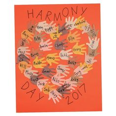 an orange card with handprints on it and the words harmony written in different languages