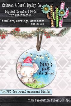 a christmas ornament with an elephant wearing a santa hat