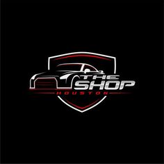 the shop houston logo is shown on a black background with red and white stripes around it