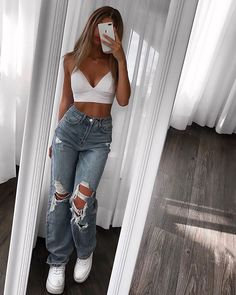 Summer Fits With Jeans, Outfit Ideas Big Size, Cute Summer Clothes Aesthetic, Cute Outfits Teens, Cute Outfits Summer For Teens, Cute Simple Outfits For Summer, Ripped Jeans Outfit Summer, Summer Outfits Teen