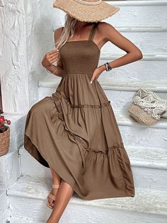 Holiday & Casual Solid Color Swing Cami Dress Coffee Boho  Sleeveless Woven Fabric Plain Cami Non-Stretch  Women Clothing, size features are:Bust: ,Length: ,Sleeve Length: Brown V-neck Sundress For Summer, Brown V-neck Sundress For The Beach, Summer Brown V-neck Sundress, Brown V-neck Boho Dress For Summer, Cute Fall Dresses, Brown V-neck Sundress, Cute Sundresses, Boho Sundress, Boho Lifestyle