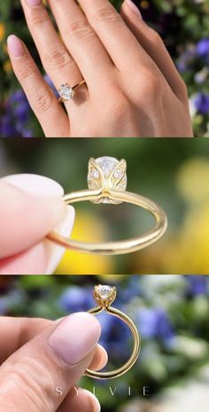 two different views of a woman's hand holding a ring with a diamond on it