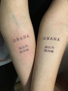 two people with tattoos on their legs that say obama and ohana in cursive font